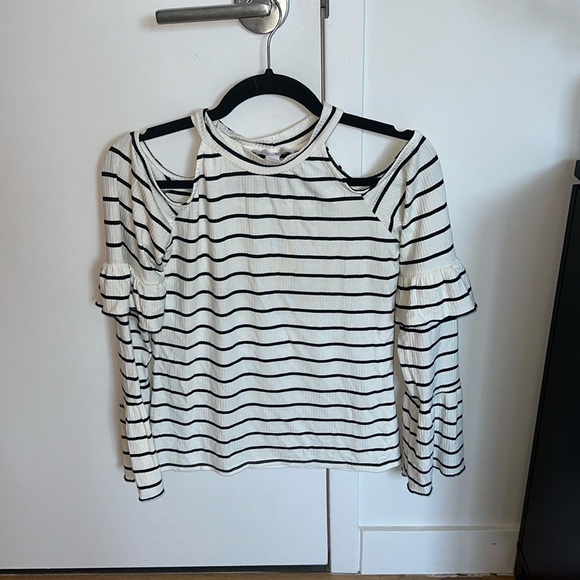 Scripted Long-sleeve Striped Shirt, Flare Cuff, Cut-out Shoulder, Fitted Size S - Picture 2 of 4